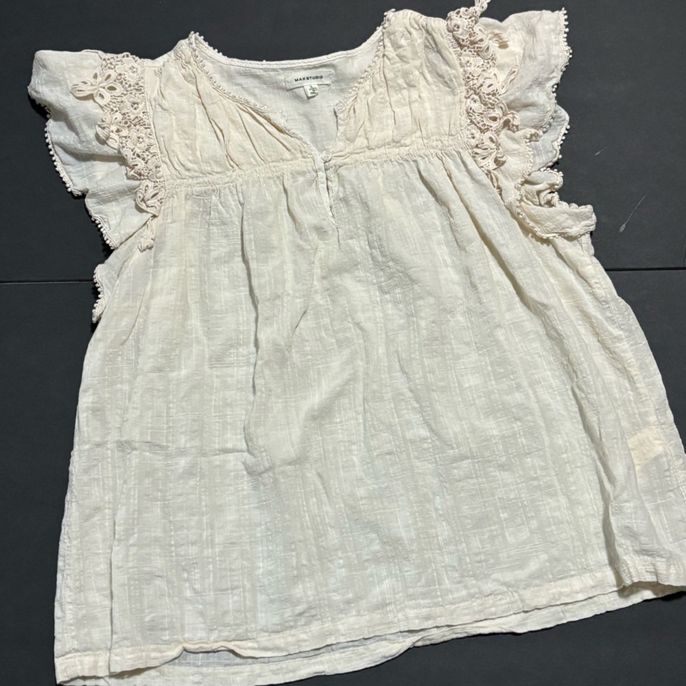 Cream Textured Cotton-Rayon Top Boho Style Lace Lightweight Cottage-core